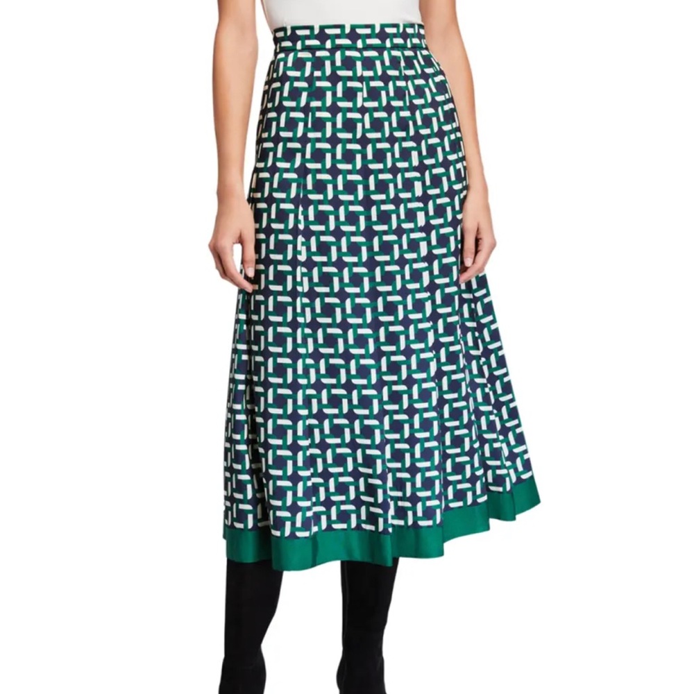 Lafayette 148 Fiona Geo Link Print Pleated Green Navy Midi Skirt 12